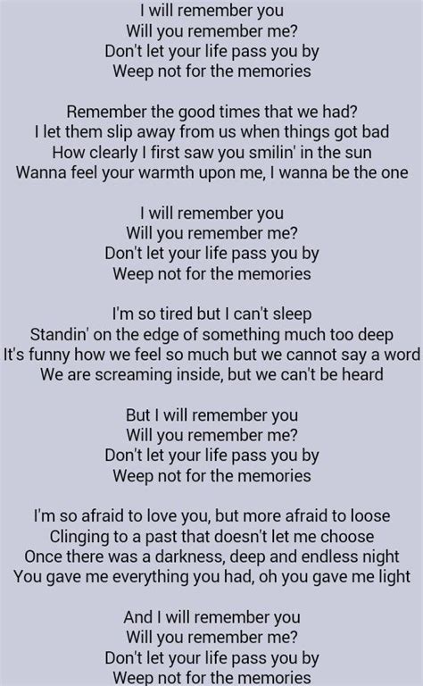 Sarah McLachlan – I Will Remember You Lyrics.
